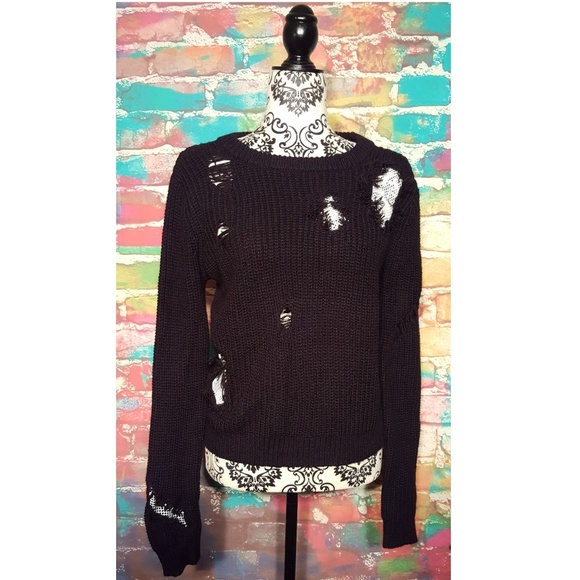 Boutique Tops - Distressed Black Sweater Open Jumper Mesh Fishnet
